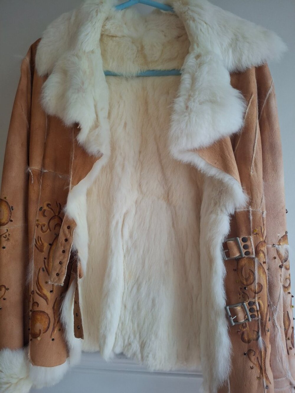 Rare Vintage Argentinian Suede Rabbit Fur Boho Embroidered Jacket size M - Picture 7 of 11